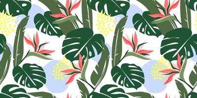 Seamless pattern with abstract tropical leaves, exotic Strelitzia flowers. vector