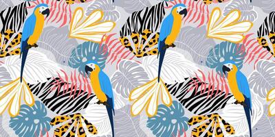 Seamless pattern with abstract exotic leaves, plants, birds and parrots. Summer tropical natural pattern. vector