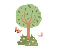 Hand drawn composition with meadow and tree. Children's art for nursery design and print. Adorable cartoon illustration of meadow with butterflies vector