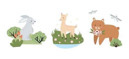 Set of hand drawn compositions with forest animals and plants. Baby art for nursery design and prints. Charming cartoon woodland animals vector