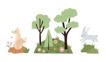 Set of hand drawn compositions with forest animals and plants. Baby art for nursery design and prints. Charming cartoon woodland animals vector