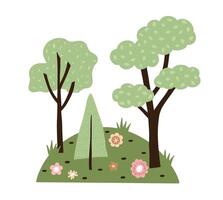 Hand drawn composition with meadow and tree. Children's art for nursery design and print. Adorable cartoon illustration of meadow with flowers vector
