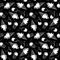 Seamless pattern of ice cream on a black background, for packaging, notebook covers, wallpaper, background, in a simple style. Popsicle ice cream on a stick and in waffle cones. vector