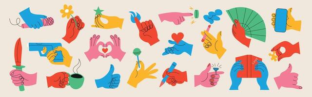 Set of colorful hands holding various stuff on light background. Different operations and gestures. Hand drawn . All elements isolated. vector
