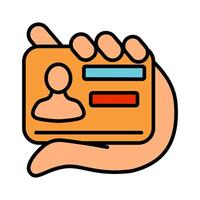 ID card line icon. Hand, identification, card, identity, verification, badge, personal data, security, name tag, credentials, membership, access, document, holder, authorize, identity proof, official vector