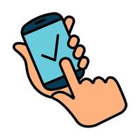 Mobile confirmation line icon. Hand, smartphone, checkmark, verification, approve, validation, confirmation, acceptance, authentication, technology, mobile device, user, app, secure, identity vector