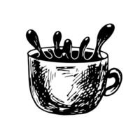 Black and white mug of spilled tea isolated in white background. Splash drink. Sketch style cup of coffee. Beverage drawing with hatching vector