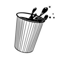 Black and white mug of spilled coffee isolated in white background. Splash drink. Sketch style cup of tea. Beverage drawing with hatching vector