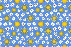 A vibrant seamless pattern featuring cheerful suns and daisies. Perfect for summer-themed designs, textiles, and backgrounds. vector