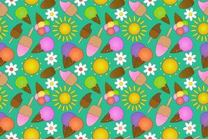 Bright and colorful seamless pattern featuring ice cream, sun, and flowers. Perfect for summer-themed designs and fun projects. vector