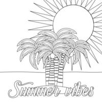 Enjoy a relaxing summer vibes coloring page featuring palm trees and a big sun. Perfect for kids and adults to color and unwind. vector