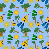 A vibrant and fun seamless pattern featuring summer elements like palm trees, suns, sandcastles, and flippers. Perfect for summer-themed projects. vector