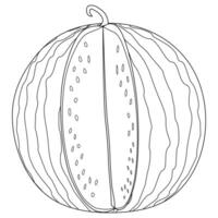 Detailed black and white illustration of a watermelon with a slice cut out, perfect for coloring activities for kids and adults. Great for creative relaxation. vector