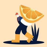 A farmer in boots and hat holds a large orange slice, representing agriculture and vitality in a colorful illustration. vector