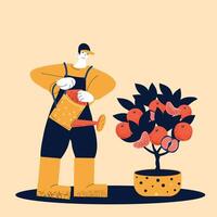 An illustration of a gardener using a watering can to water a potted fruit tree with vibrant fruits. vector