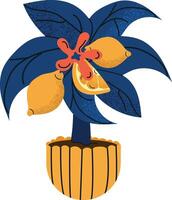 A cartoon illustration of a potted lemon tree with blue leaves and yellow fruit. The tree is in a yellow pot with a textured surface vector