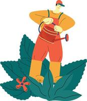 A happy gardener in orange overalls and a red cap watering plants with a red watering can. The gardener is smiling, surrounded by lush green leaves and a small red flower vector
