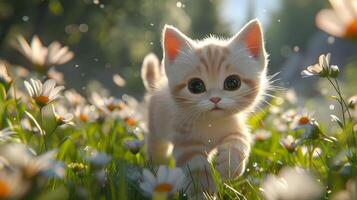 A little kitten walks through a field of chamomiles. International Cat Day. Pet Day photo