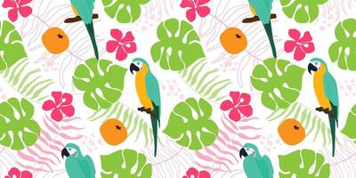 Seamless pattern with abstract plants, parrots, flowers. Summer exotic print. vector