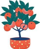 Vibrant artwork showing a lush orange tree in a decorative pot, fusing artistic design with natural beauty vector