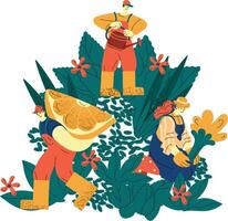 A colorful illustration depicts three farmers working in a vibrant garden vector
