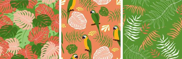 Set of seamless patterns with abstract leaves, plants, parrots. Natural print. vector