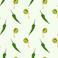 Seamless background of avocado oil in a bowl with green hot pepper. Avocado oil, Green hot peppers. Hand drawn, follows a doodle style background. Design for printing on fabrics, holiday vector