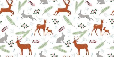 Seamless pattern with forest animals, branches, berries, leaves. Animal natural print with deer and hares. vector