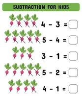 Subtraction game with beetroot. Educational math game for preschoolers kindergarten. Matching game. vector