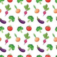 Seamless pattern with fresh vegetables - eggplants, broccoli, onions, beets on a white background. Can be used for tablecloths, wrapping paper, wallpaper, stationery. illustration. vector