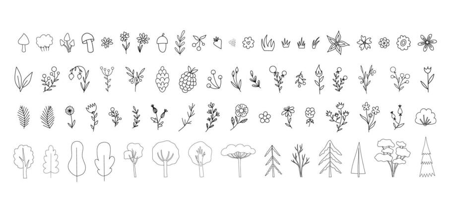 Collection of doodle style flower and tree cartoon. Cute illustration in flat trendy style with texture. For cards, posters, invitations