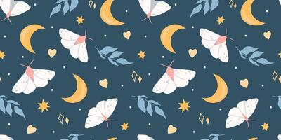 Seamless pattern with night sky with moon and stars and butterflies. Abstract mystical print. vector