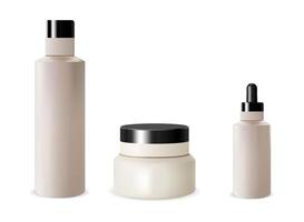 Cosmetic Bottle Set. Cream Jar, Dropper, Shampoo package Blank, Isolated on Background. Realistic Beauty Container. 3d Round Tubular Packaging. vector