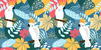 Seamless pattern with abstract tropical leaves, branches, parrots. Summer bright exotic print with cockatoos in the jungle. vector