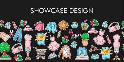 Black friday banner template. Discounts , clothes, accessories in doodle style on a black background. Black friday and cyber monday seamless pattern of line icons on black background vector