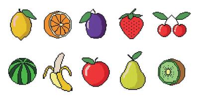 Pixel fruit icon set for games or mobile apps. Colorful pixel art, old style 8 bit icons. Illustration on white background. vector