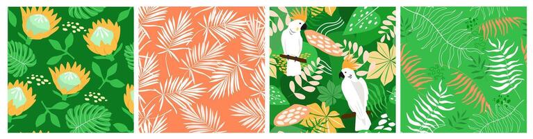 Set of seamless pattern with natural tropical ornaments. Cockatoo parrots against a background of abstract palm leaves. Summer exotic print. vector