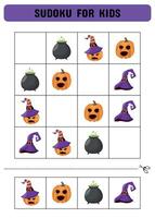 Sudoku for kids with Halloween pumpkins. A simple logic game. Cut and glue. Printable sheet. illustration vector