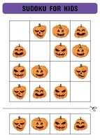 Sudoku for kids with Halloween pumpkins. A simple logic game. Cut and glue. Printable sheet. illustration vector