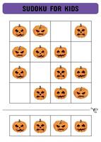 Sudoku for kids with Halloween pumpkins. A simple logic game. Cut and glue. Printable sheet. illustration vector