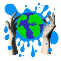 Retro halftone hands that control the earth. Earth day banner for social media. Save the planet concept. Manipulating. Hand holding the planet and protecting vector