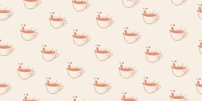 Seamless pattern with mugs of spilled tea isolated on background. Splash drink. Sketch style cup of coffee. Small mug of tea. Beverage drawing with hatching vector
