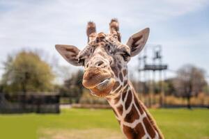 A giraffe walking on the grass in the zoo with bright sunlight during the day and trees outside - A little giraffe in the garden among the grass and trees photo