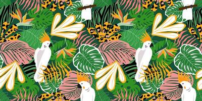 Seamless pattern with abstract esotic birds, leaves. Tropical print with cockatoo parrots. vector