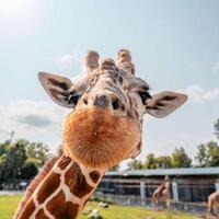 A giraffe walking on the grass in the zoo with bright sunlight during the day and trees outside - A little giraffe in the garden among the grass and trees photo