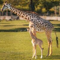 A giraffe walking on the grass in the zoo with bright sunlight during the day and trees outside - A little giraffe in the garden among the grass and trees photo