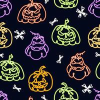 Seamless pattern with crazy pumpkins and bones. Continuous one line drawing. Halloween print in neon colors. Great for wallpaper, wrapping paper, posters, banners, flyers and invitations. vector