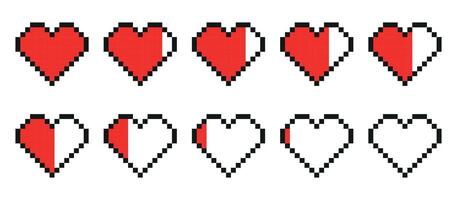 Pixel game life bar. Art 8 bit health heart bar. Heart gamer health sign. Pixel icon, illustration isolated on white background. Gaming controller, symbols set vector