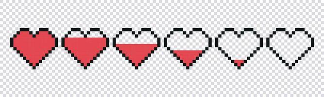 Set of pixel game life bar. Art 8 bit health heart bar. Heart gamer health sign. Pixel icon, illustration isolated on checkered background vector