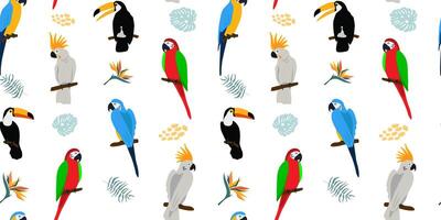 Seamless pattern with exotic birds. Parrot, toucan, cockatoo on a background of tropical leaves. vector